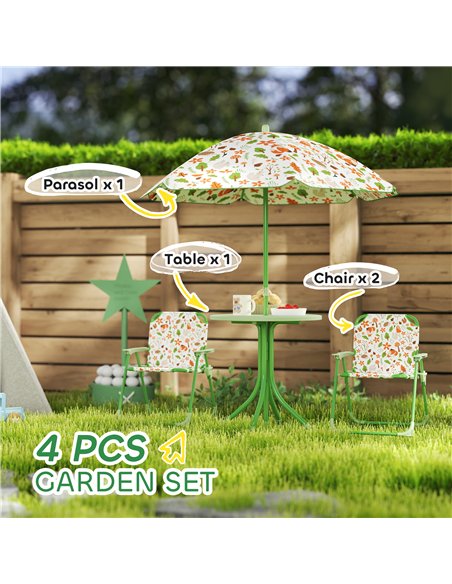 AIYAPLAY 4 Pieces Kids Garden Table and Chair Set with Adjustable Parasol, Folding Chairs, Table, Fox Pattern, Green - pic 155097 | FastDaddyshop
