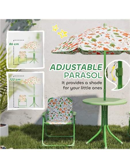 AIYAPLAY 4 Pieces Kids Garden Table and Chair Set with Adjustable Parasol, Folding Chairs, Table, Fox Pattern, Green - pic 155098 | FastDaddyshop
