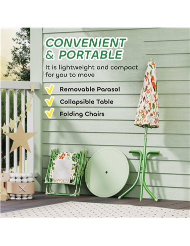 AIYAPLAY 4 Pieces Kids Garden Table and Chair Set with Adjustable Parasol, Folding Chairs, Table, Fox Pattern, Green