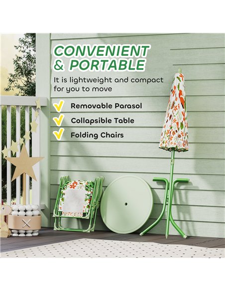 AIYAPLAY 4 Pieces Kids Garden Table and Chair Set with Adjustable Parasol, Folding Chairs, Table, Fox Pattern, Green - pic 155099 | FastDaddyshop