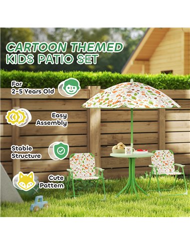 AIYAPLAY 4 Pieces Kids Garden Table and Chair Set with Adjustable Parasol, Folding Chairs, Table, Fox Pattern, Green
