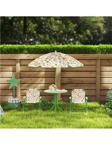 AIYAPLAY 4 Pieces Kids Garden Table and Chair Set with Adjustable Parasol, Folding Chairs, Table, Fox Pattern, Green