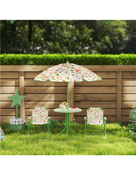 AIYAPLAY 4 Pieces Kids Garden Table and Chair Set with Adjustable Parasol, Folding Chairs, Table, Fox Pattern, Green - pic 155102 | FastDaddyshop