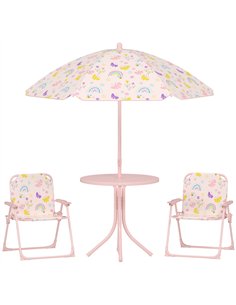 AIYAPLAY 4 Pieces Kids Garden Table and Chair Set with Adjustable Parasol, Folding Chairs, Table, Rainbow Pattern, Pink