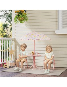 AIYAPLAY 4 Pieces Kids Garden Table and Chair Set with Adjustable Parasol, Folding Chairs, Table, Rainbow Pattern, Pink 2