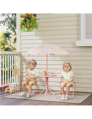 AIYAPLAY 4 Pieces Kids Garden Table and Chair Set with Adjustable Parasol, Folding Chairs, Table, Rainbow Pattern, Pink