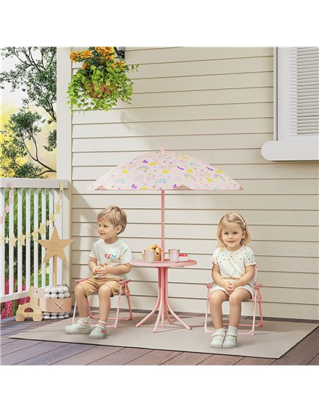 AIYAPLAY 4 Pieces Kids Garden Table and Chair Set with Adjustable Parasol, Folding Chairs, Table, Rainbow Pattern, Pink - pic 155104 | FastDaddyshop