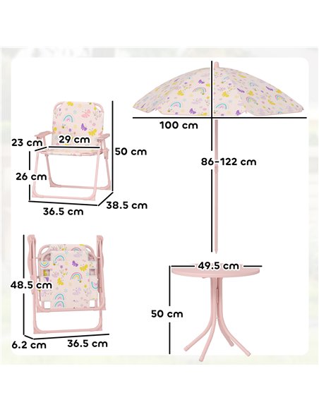 AIYAPLAY 4 Pieces Kids Garden Table and Chair Set with Adjustable Parasol, Folding Chairs, Table, Rainbow Pattern, Pink - pic 155105 | FastDaddyshop