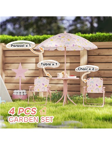 AIYAPLAY 4 Pieces Kids Garden Table and Chair Set with Adjustable Parasol, Folding Chairs, Table, Rainbow Pattern, Pink