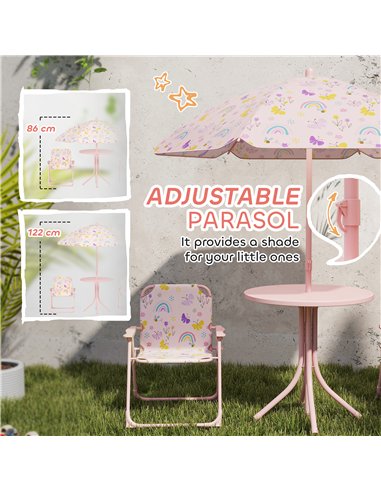 AIYAPLAY 4 Pieces Kids Garden Table and Chair Set with Adjustable Parasol, Folding Chairs, Table, Rainbow Pattern, Pink