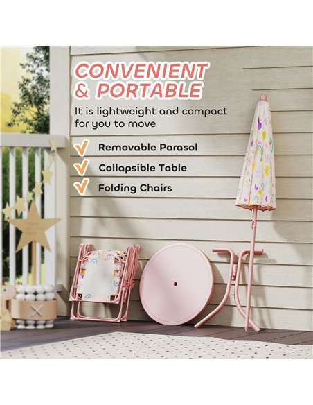 AIYAPLAY 4 Pieces Kids Garden Table and Chair Set with Adjustable Parasol, Folding Chairs, Table, Rainbow Pattern, Pink - pic 155108 | FastDaddyshop