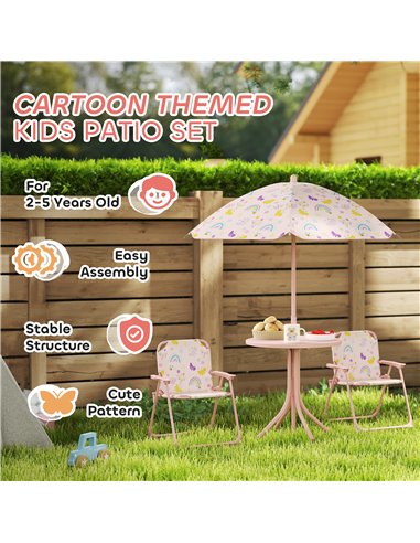 AIYAPLAY 4 Pieces Kids Garden Table and Chair Set with Adjustable Parasol, Folding Chairs, Table, Rainbow Pattern, Pink