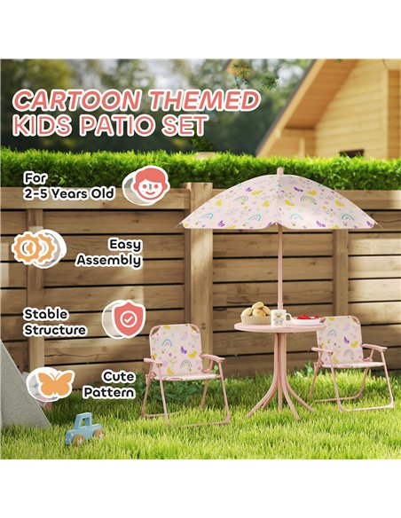 AIYAPLAY 4 Pieces Kids Garden Table and Chair Set with Adjustable Parasol, Folding Chairs, Table, Rainbow Pattern, Pink - pic 155109 | FastDaddyshop
