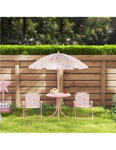 AIYAPLAY 4 Pieces Kids Garden Table and Chair Set with Adjustable Parasol, Folding Chairs, Table, Rainbow Pattern, Pink