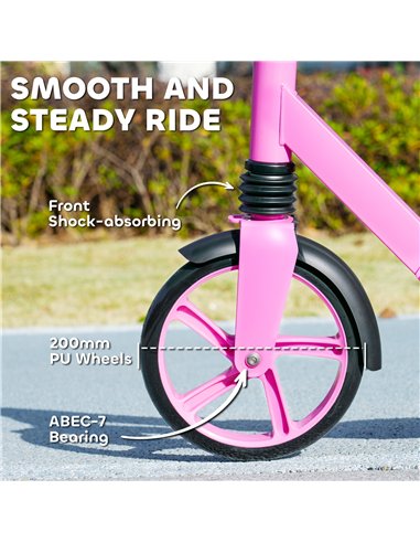 AIYAPLAY Foldable Kids Scooter with Adjustable Handlebar, 200mm Big Wheel, Rear Fender Brake, for Ages 6-12 Years, Pink
