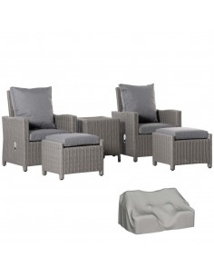 Outsunny 5 Pieces Outdoor PE Rattan Furniture with Chairs, Footstools, Coffee Table & Cover, Grey