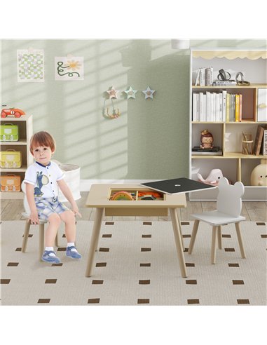 AIYAPLAY 3-Piece Kids Table and Chairs Set with Convertible Desk and Storage Grid, Kids Activity Table for Nursery, Playroom