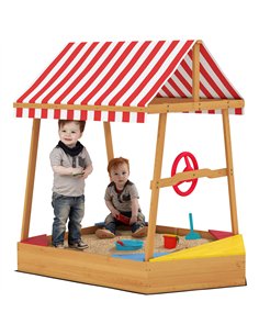 AIYAPLAY Wooden Kids Sandpit Boat Style with Canopy, 4 Seats, Rudder, Bottom Liner, for Children 3-8 Years, Yellow