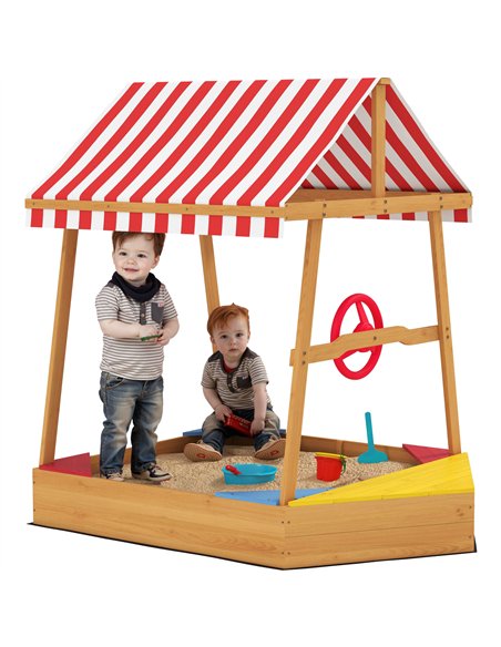 AIYAPLAY Wooden Kids Sandpit Boat Style with Canopy, 4 Seats, Rudder, Bottom Liner, for Children 3-8 Years, Yellow - pic 155238 | FastDaddyshop