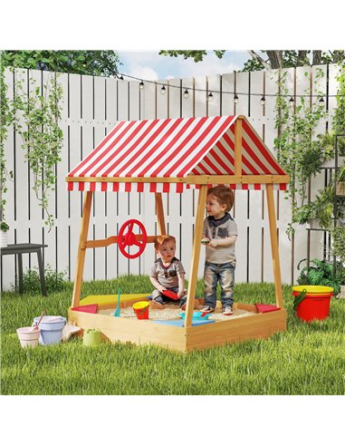 AIYAPLAY Wooden Kids Sandpit Boat Style with Canopy, 4 Seats, Rudder, Bottom Liner, for Children 3-8 Years, Yellow