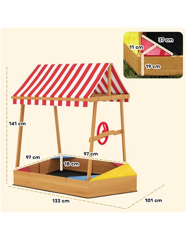 AIYAPLAY Wooden Kids Sandpit Boat Style with Canopy, 4 Seats, Rudder, Bottom Liner, for Children 3-8 Years, Yellow