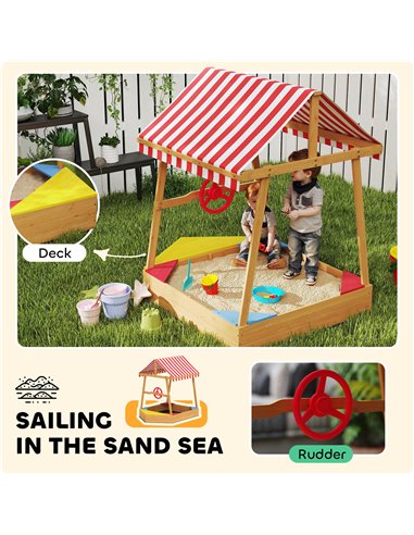 AIYAPLAY Wooden Kids Sandpit Boat Style with Canopy, 4 Seats, Rudder, Bottom Liner, for Children 3-8 Years, Yellow