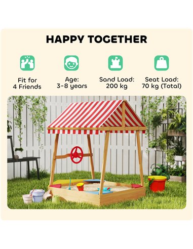 AIYAPLAY Wooden Kids Sandpit Boat Style with Canopy, 4 Seats, Rudder, Bottom Liner, for Children 3-8 Years, Yellow