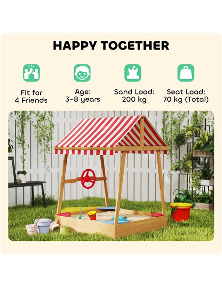 AIYAPLAY Wooden Kids Sandpit Boat Style with Canopy, 4 Seats, Rudder, Bottom Liner, for Children 3-8 Years, Yellow - pic 155244 | FastDaddyshop