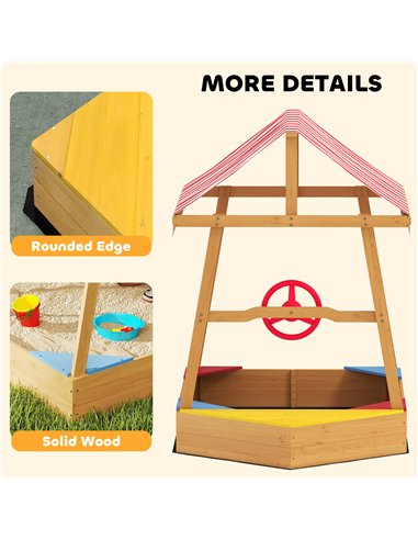 AIYAPLAY Wooden Kids Sandpit Boat Style with Canopy, 4 Seats, Rudder, Bottom Liner, for Children 3-8 Years, Yellow