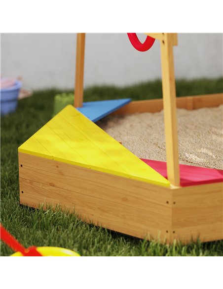 AIYAPLAY Wooden Kids Sandpit Boat Style with Canopy, 4 Seats, Rudder, Bottom Liner, for Children 3-8 Years, Yellow - pic 155246 | FastDaddyshop