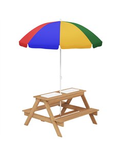 AIYAPLAY Kids Picnic Table, Sand and Water Table with Wooden Benches, Adjustable Parasol and Storage Bins, Multicolour