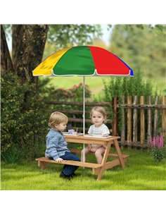 AIYAPLAY Kids Picnic Table, Sand and Water Table with Wooden Benches, Adjustable Parasol and Storage Bins, Multicolour 2