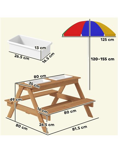 AIYAPLAY Kids Picnic Table, Sand and Water Table with Wooden Benches, Adjustable Parasol and Storage Bins, Multicolour