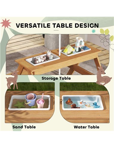 AIYAPLAY Kids Picnic Table, Sand and Water Table with Wooden Benches, Adjustable Parasol and Storage Bins, Multicolour