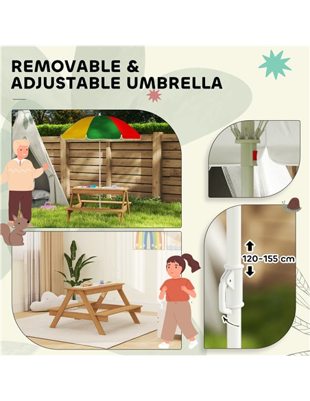 AIYAPLAY Kids Picnic Table, Sand and Water Table with Wooden Benches, Adjustable Parasol and Storage Bins, Multicolour - pic 155251 | FastDaddyshop