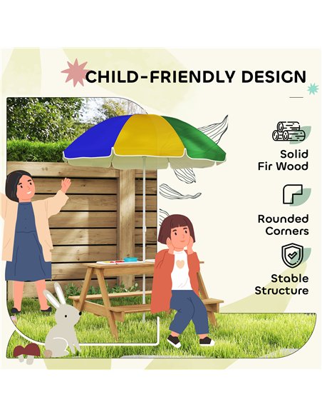 AIYAPLAY Kids Picnic Table, Sand and Water Table with Wooden Benches, Adjustable Parasol and Storage Bins, Multicolour - pic 155252 | FastDaddyshop