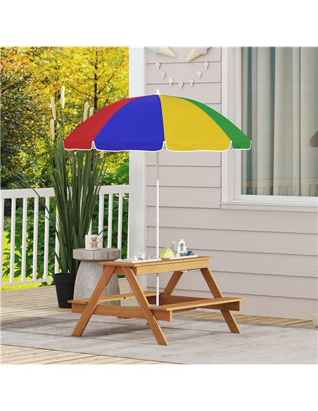 AIYAPLAY Kids Picnic Table, Sand and Water Table with Wooden Benches, Adjustable Parasol and Storage Bins, Multicolour - pic 155253 | FastDaddyshop