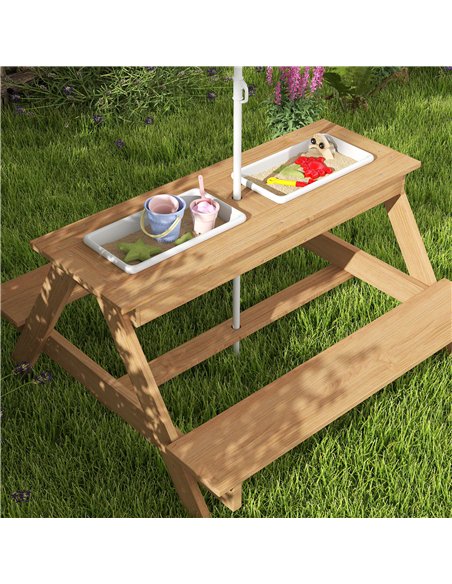 AIYAPLAY Kids Picnic Table, Sand and Water Table with Wooden Benches, Adjustable Parasol and Storage Bins, Multicolour - pic 155254 | FastDaddyshop