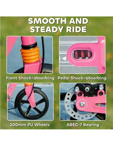 AIYAPLAY Kids Scooter with Four-Level Adjustable Handlebar, Dual Brake System, 200mm Wheels, ABEC-7 Bearings, Pink