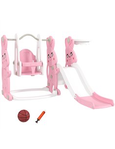 AIYAPLAY 4 in 1 Kids Slide and Swing Set with Climber, Basketball Hoop, Rabbit-Themed, Pink