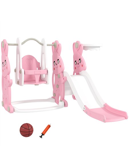 AIYAPLAY 4 in 1 Kids Slide and Swing Set with Climber, Basketball Hoop, Rabbit-Themed, Pink - pic 155265 | FastDaddyshop