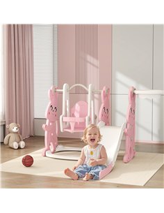AIYAPLAY 4 in 1 Kids Slide and Swing Set with Climber, Basketball Hoop, Rabbit-Themed, Pink 2