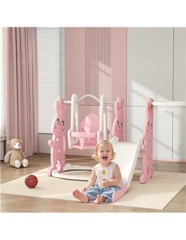 AIYAPLAY 4 in 1 Kids Slide and Swing Set with Climber, Basketball Hoop, Rabbit-Themed, Pink