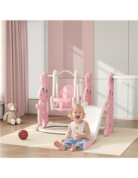 AIYAPLAY 4 in 1 Kids Slide and Swing Set with Climber, Basketball Hoop, Rabbit-Themed, Pink - pic 155266 | FastDaddyshop