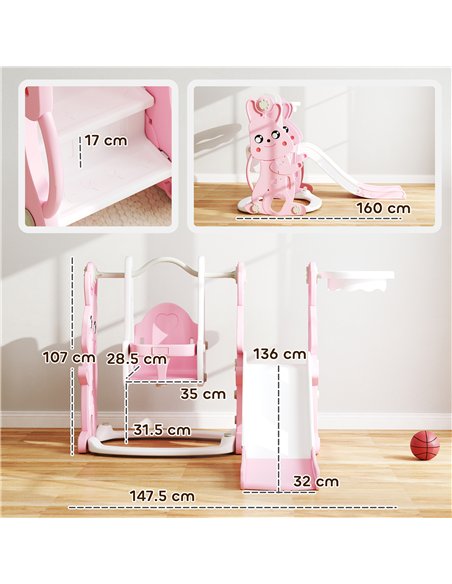 AIYAPLAY 4 in 1 Kids Slide and Swing Set with Climber, Basketball Hoop, Rabbit-Themed, Pink - pic 155267 | FastDaddyshop