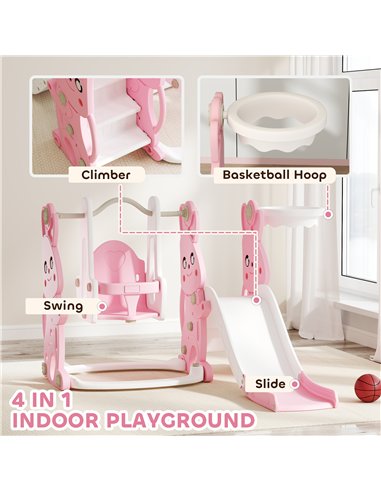 AIYAPLAY 4 in 1 Kids Slide and Swing Set with Climber, Basketball Hoop, Rabbit-Themed, Pink