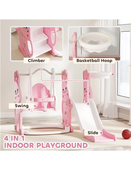 AIYAPLAY 4 in 1 Kids Slide and Swing Set with Climber, Basketball Hoop, Rabbit-Themed, Pink - pic 155268 | FastDaddyshop