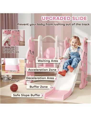 AIYAPLAY 4 in 1 Kids Slide and Swing Set with Climber, Basketball Hoop, Rabbit-Themed, Pink