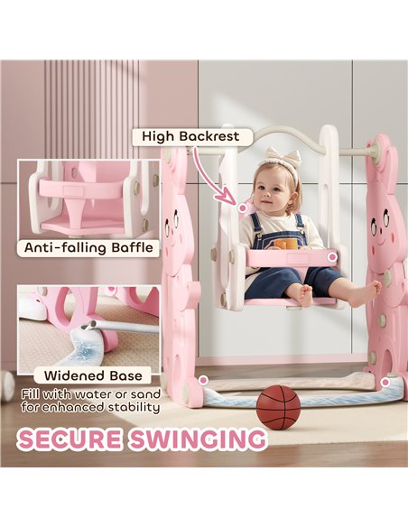 AIYAPLAY 4 in 1 Kids Slide and Swing Set with Climber, Basketball Hoop, Rabbit-Themed, Pink - pic 155270 | FastDaddyshop