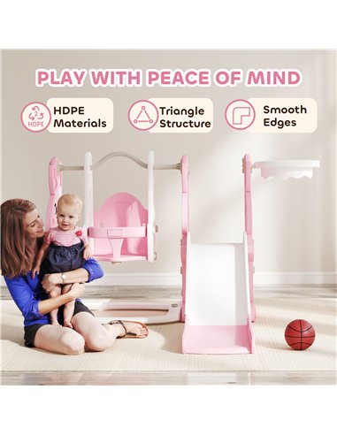 AIYAPLAY 4 in 1 Kids Slide and Swing Set with Climber, Basketball Hoop, Rabbit-Themed, Pink
